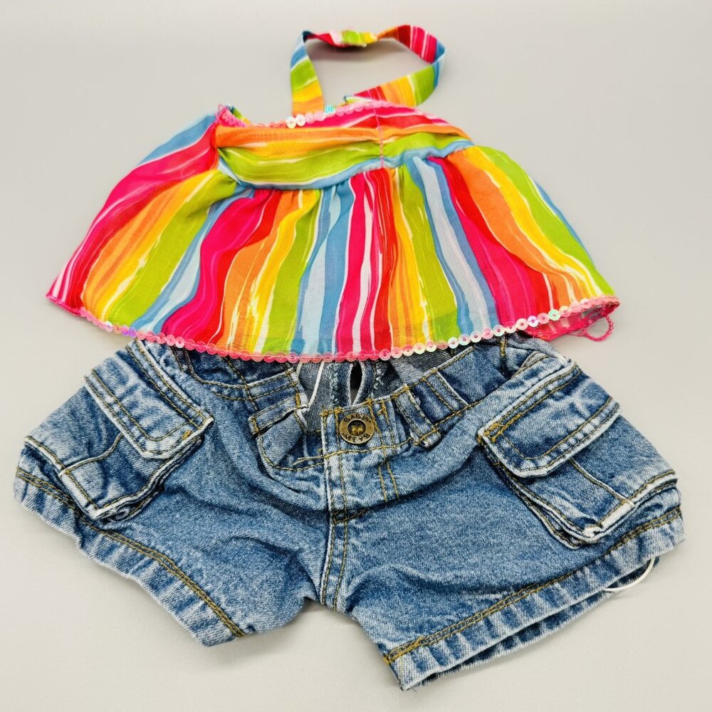 Build a Bear Rainbow Halter Top Jean‎ Shorts Sneakers Draw String Bag Clothes - Picture 2 of 9